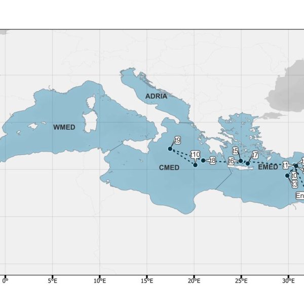 Vagenas et al., 2023 (In Review): Spatial representation of the progressive movement (momenta; black circles: tx) of the dominant regions of introductions in the Mediterranean Sea (blue). The progressive trajectory (dotted line) was carried out based on the alignment of the spatial centroids for each successive momentum. The trajectory denotes the connection between the inferred entrance (Suez Canal; Entry Point) to the tenth (t10) successive momentum, while the Mediterranean has been classified in the four MSFD regions (EMED; CMED; ADRIA; WMED).